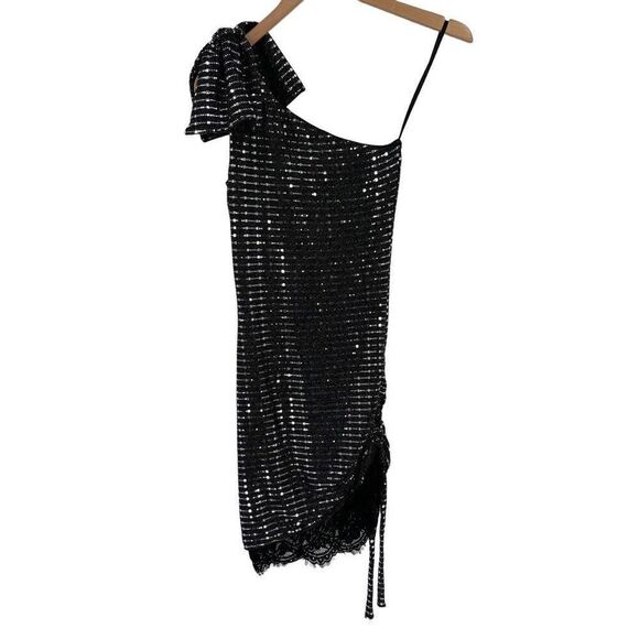H:ours One Shoulder Sleeveless Sequin Mini Bodycon Dress Party Cocktail XS Black - Picture 1 of 8